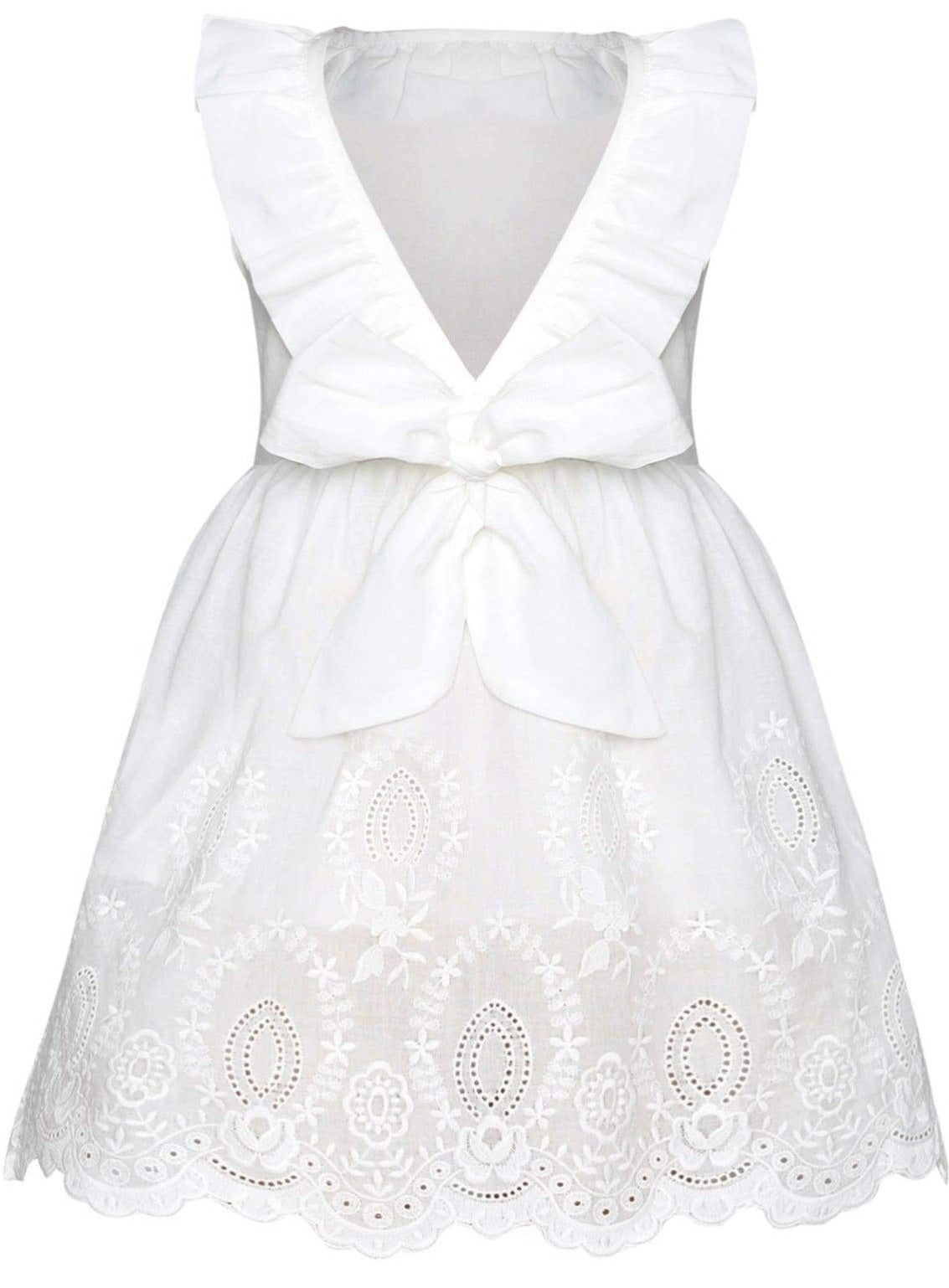 Girls White Ruffled Flutter Sleeve Summer Dress with Bow Tie - Girls Spring Casual Dress