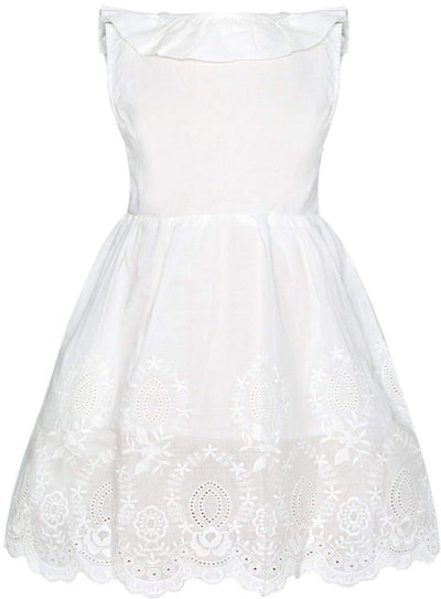 Girls White Ruffled Flutter Sleeve Summer Dress with Bow Tie - Girls Spring Casual Dress