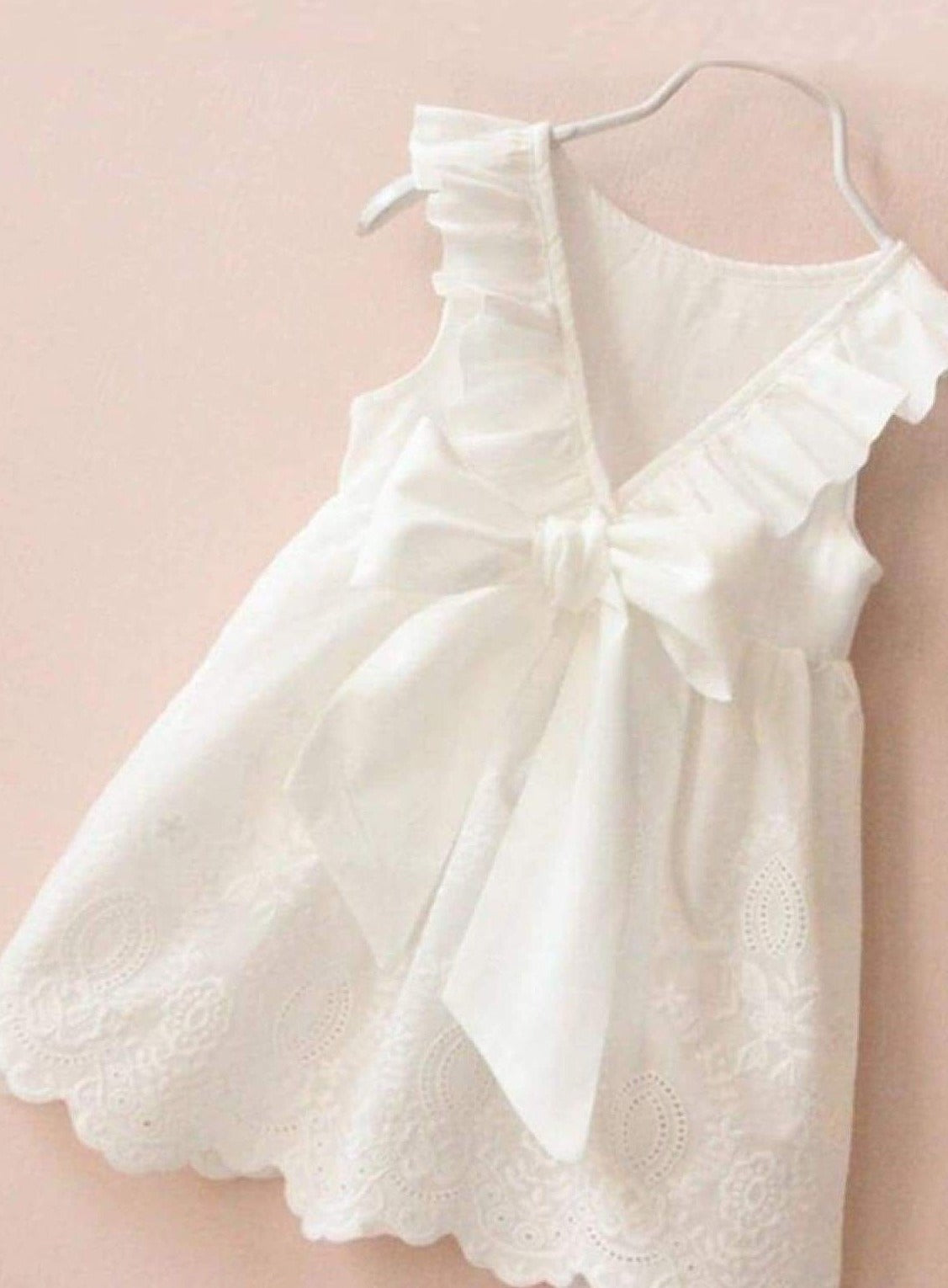 Girls White Ruffled Flutter Sleeve Summer Dress with Bow Tie - Girls Spring Casual Dress