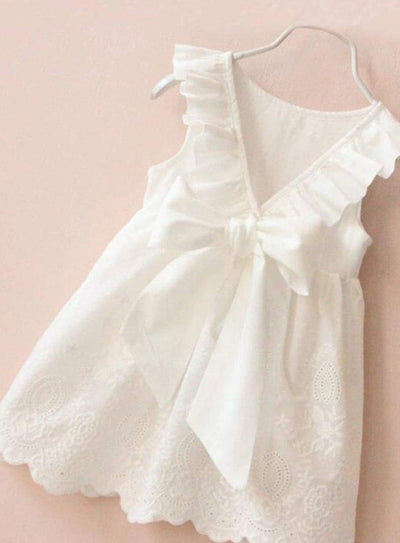 Girls White Ruffled Flutter Sleeve Summer Dress with Bow Tie - Girls Spring Casual Dress