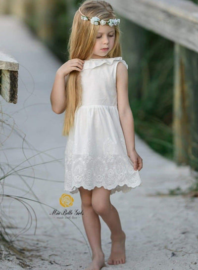 Girls White Ruffled Flutter Sleeve Summer Dress with Bow Tie - Girls Spring Casual Dress