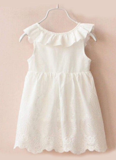 Girls White Ruffled Flutter Sleeve Summer Dress with Bow Tie - Girls Spring Casual Dress