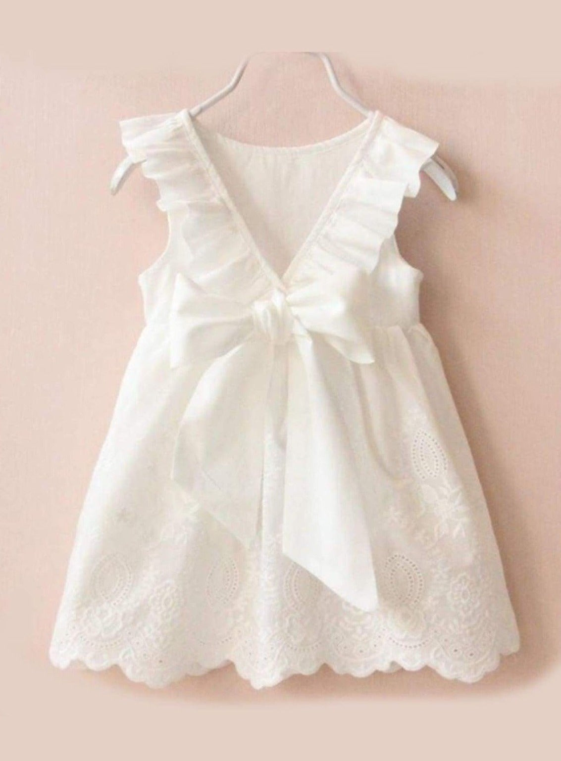 Girls White Ruffled Flutter Sleeve Summer Dress with Bow Tie - White / 2T/3T - Girls Spring Casual Dress
