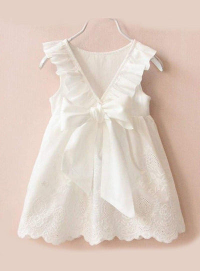 Girls White Ruffled Flutter Sleeve Summer Dress with Bow Tie - White / 2T/3T - Girls Spring Casual Dress