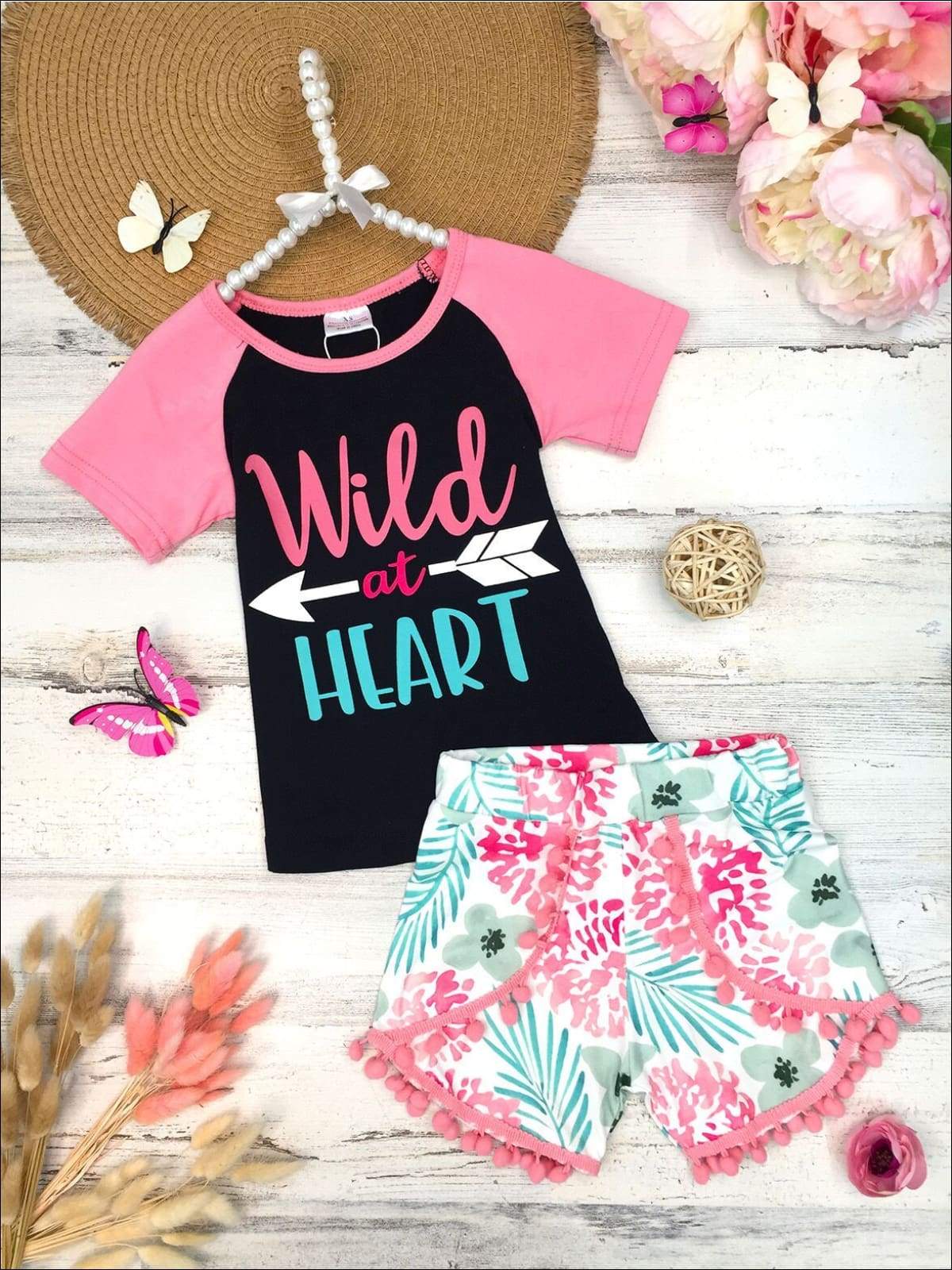 Girls Spring Outfits | Wild At Heart Top & Floral Pom Pom Shorts Set
