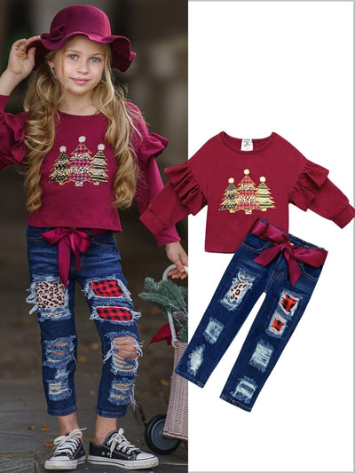 Cute Winter Sets | Girls Christmas Tree Ruffle Top & Patched Jeans SetCute Winter Sets | Girls Ruffle Sleeve Sweatshirt & Patched Jeans Set