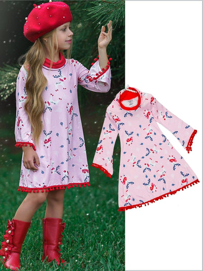 Cute Winter Dresses | Girls Rudolph Print Turtleneck Pom Pom Hem Dress