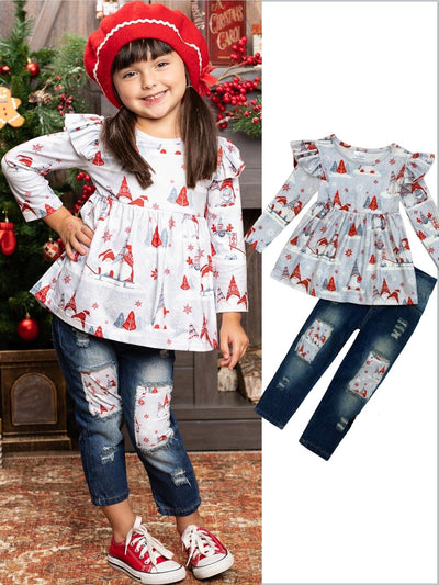 Cute Winter Sets | Girls Winter Gnomes Ruffle Top & Patched Jeans Set