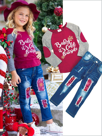 Cute Winter Sets | Baby It's Cold Outside Patched Top and Jeans Set 