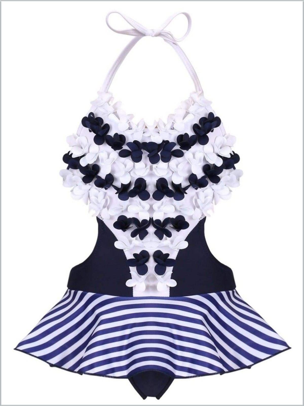 Kids Resort Wear | Girls Floral Striped Skirted One-Piece Swimsuit