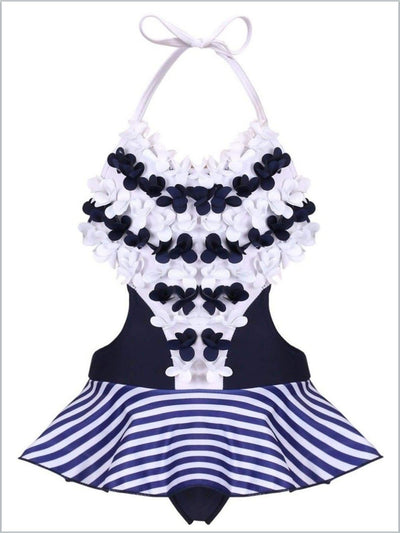 Kids Resort Wear | Girls Floral Striped Skirted One-Piece Swimsuit