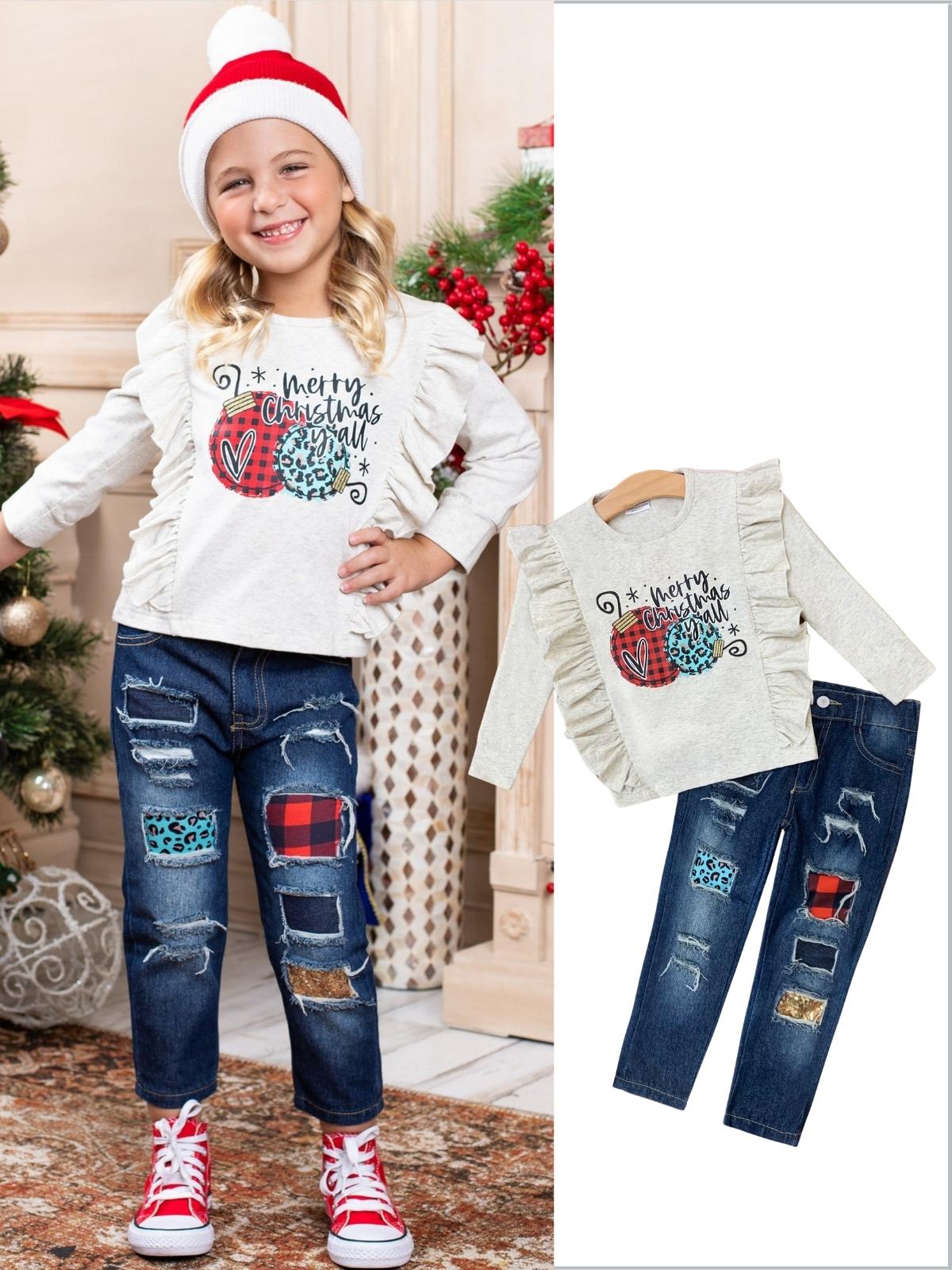 Cute Winter Sets | Merry Christmas Ruffled Top & Patched Jeans Set