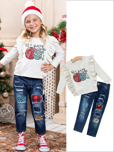 Cute Winter Sets | Merry Christmas Ruffled Top & Patched Jeans Set
