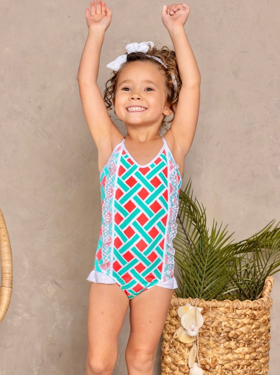 Kids Cute Swimsuits | Girls Abstract Ruffle Lace One Piece Swimsuit