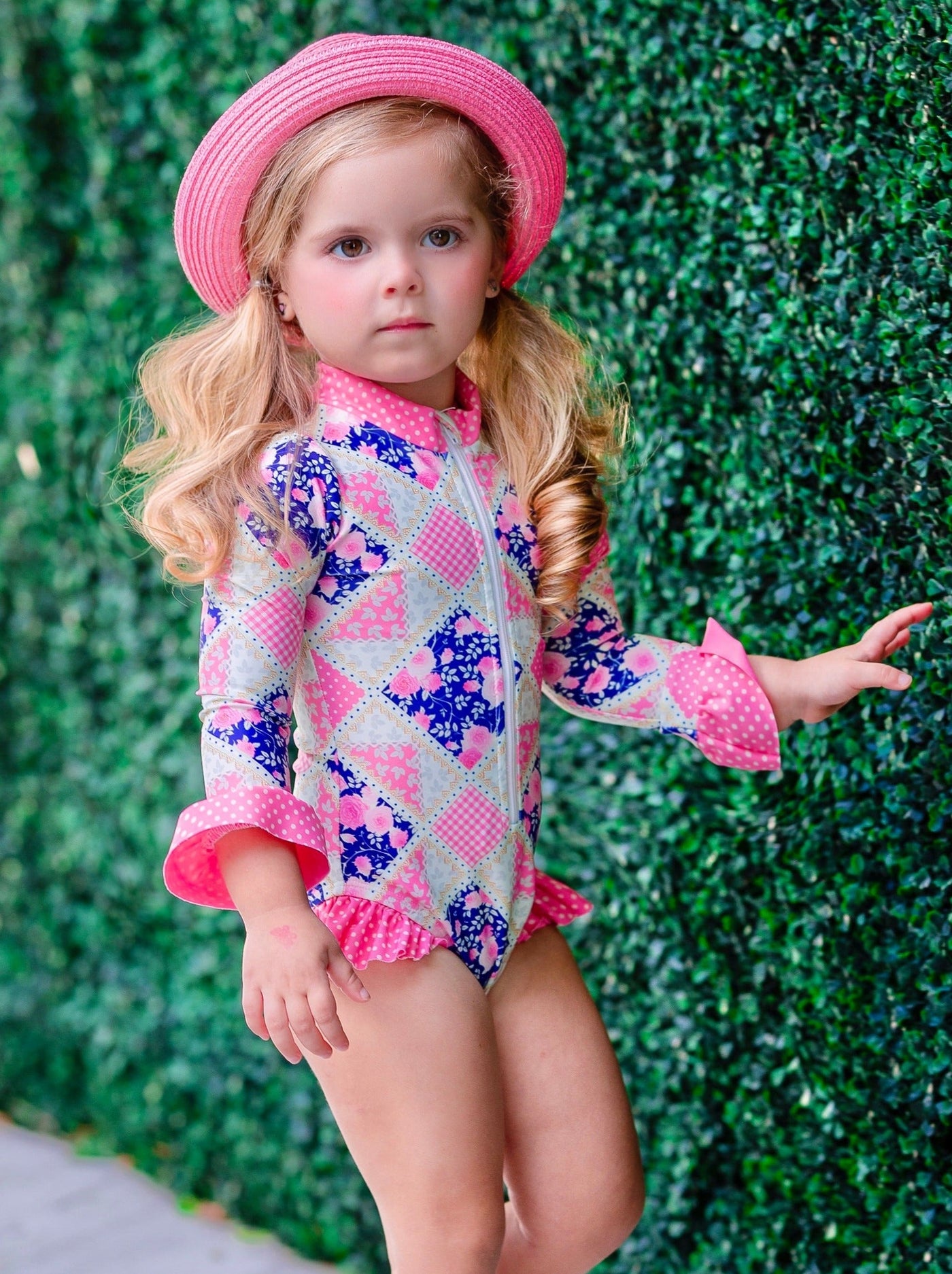 Preppy Floral Patchwork Rash Guard One Piece Swimsuit