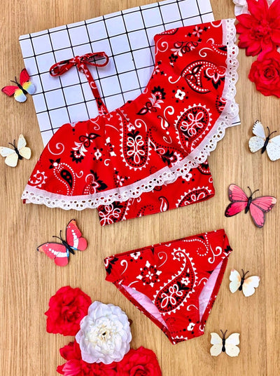 Two-Piece Girls Swimsuits | Paisley Print Ruffled Tankini Swimsuit