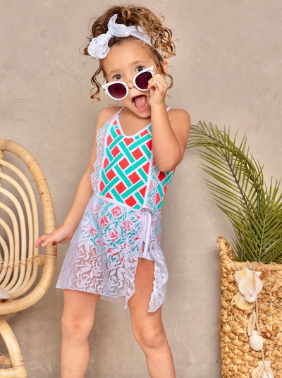 Kids Cute Swimsuits | Girls Abstract Ruffle Lace One Piece Swimsuit