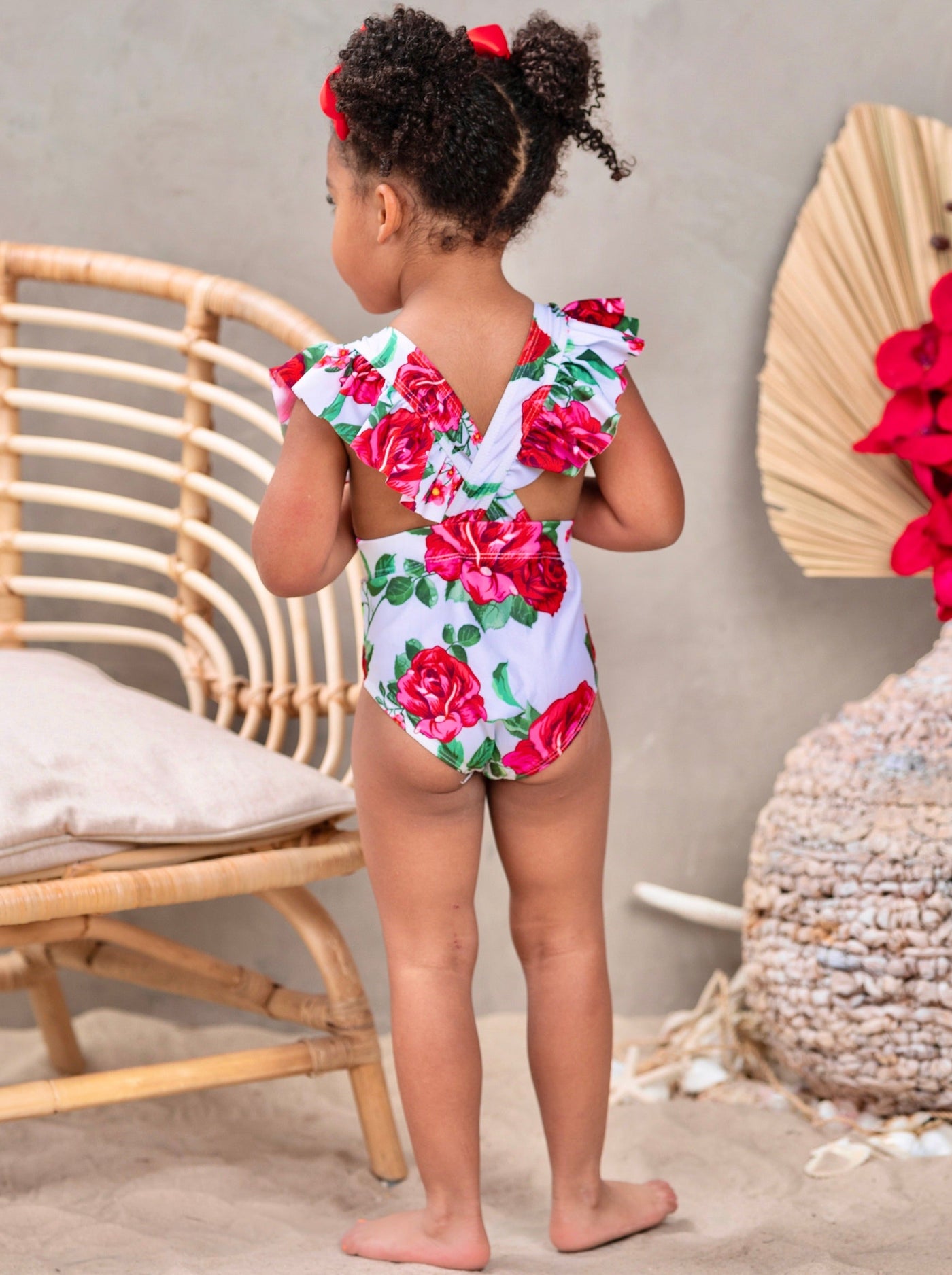 One Piece Girls Swimsuit | Rose Flutter Sleeve Open Side Swimsuit