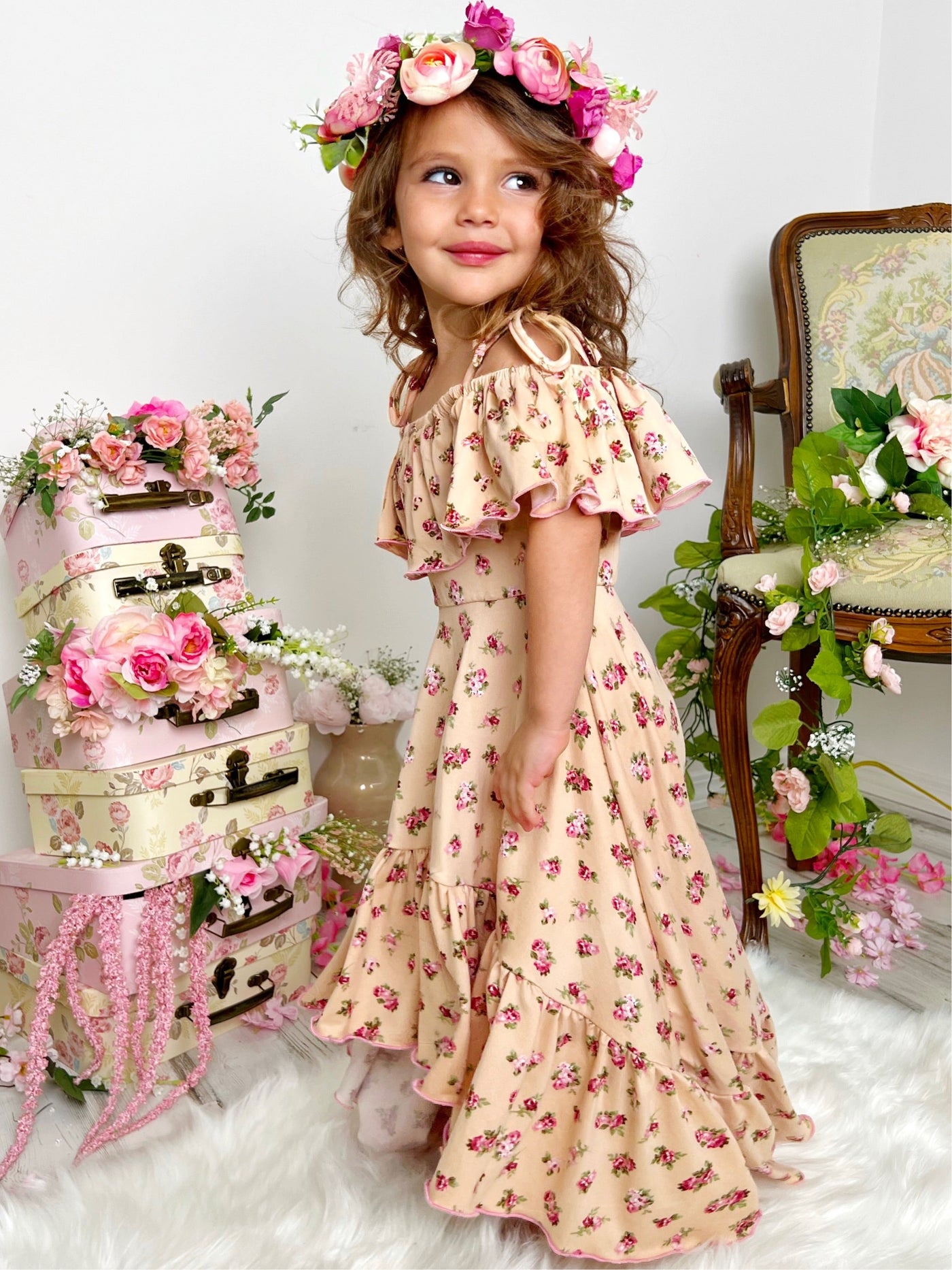 Kids Spring Clothes | Floral Ruffle Bib Cold Shoulder Hi-Lo Sundress