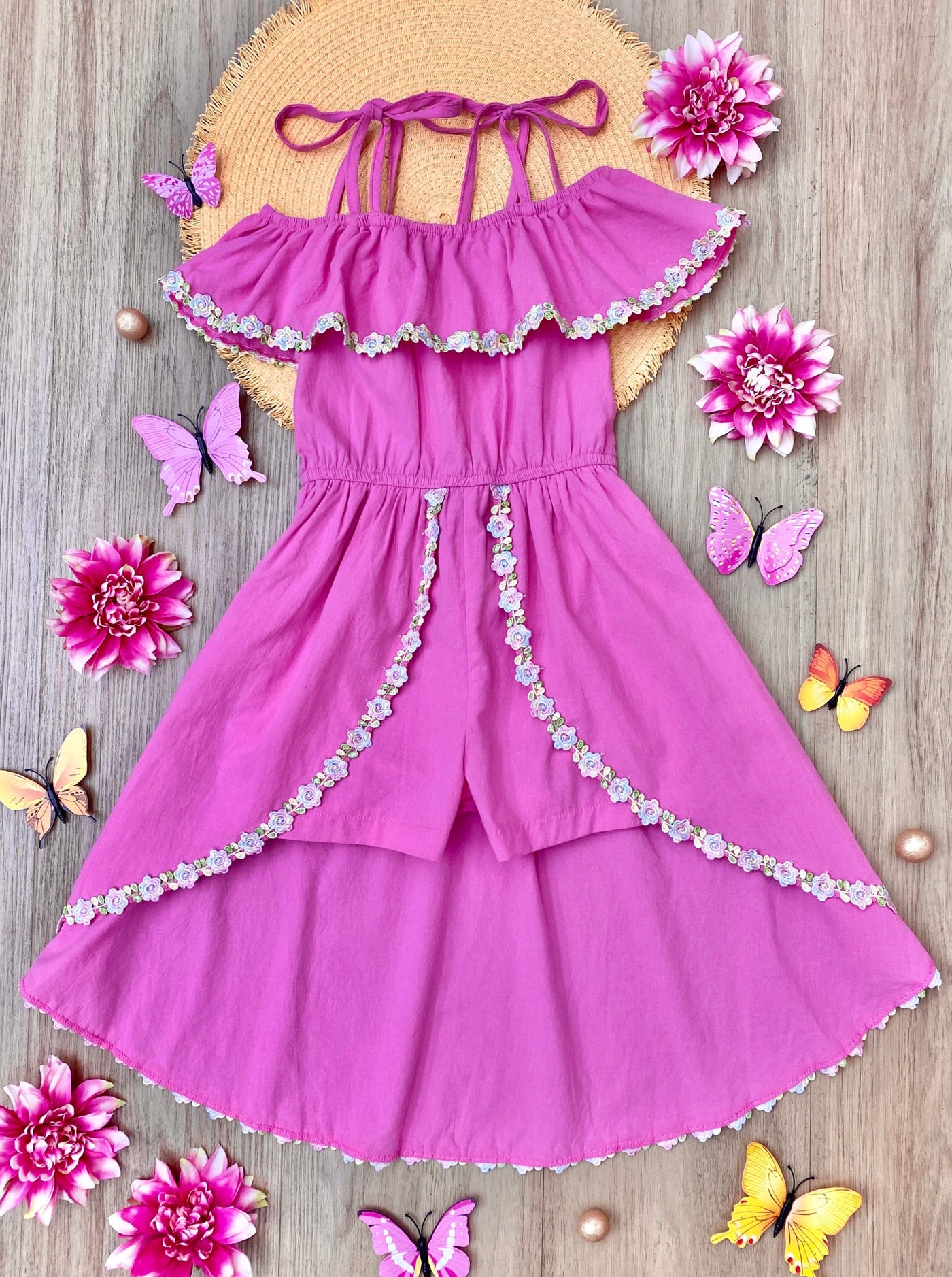 Toddler Spring Outfits | Girls Pink Floral Hem Hi-Lo Skirted Romper