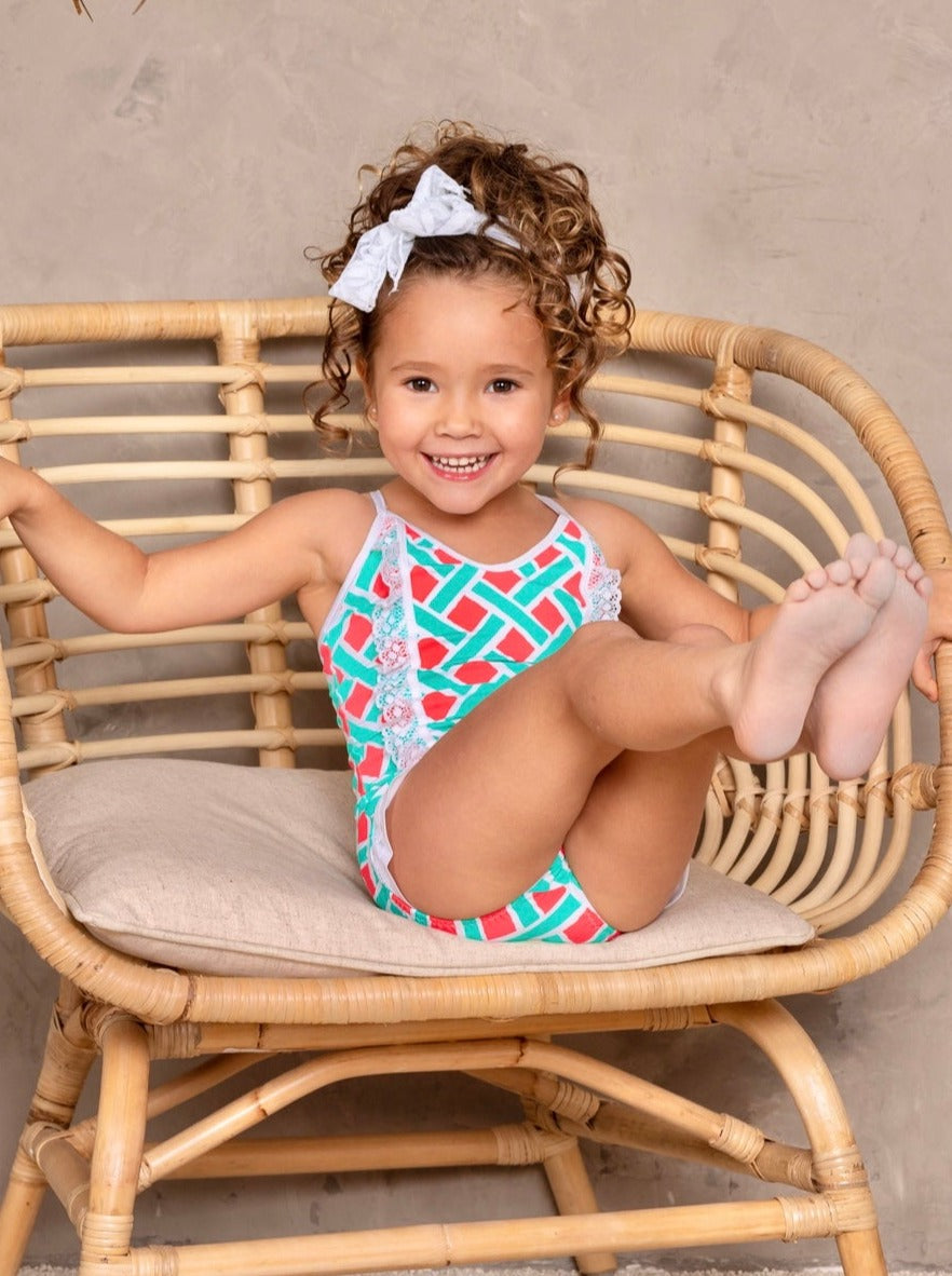Kids Cute Swimsuits | Girls Abstract Ruffle Lace One Piece Swimsuit