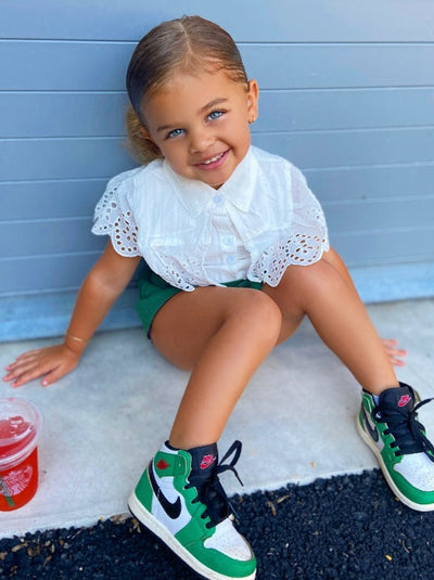 Kids Spring Clothes | Girls Buttoned Eyelet Bib Top & Shorts Set