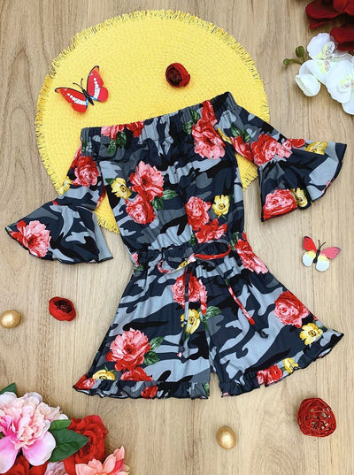 Children's Rompers | Girls Spring Floral Boho Drawstring Ruffle Romper