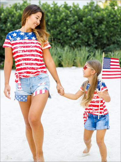 Mommy & Me | Matching Tops | 4th of July American Flag Knot Hem Top