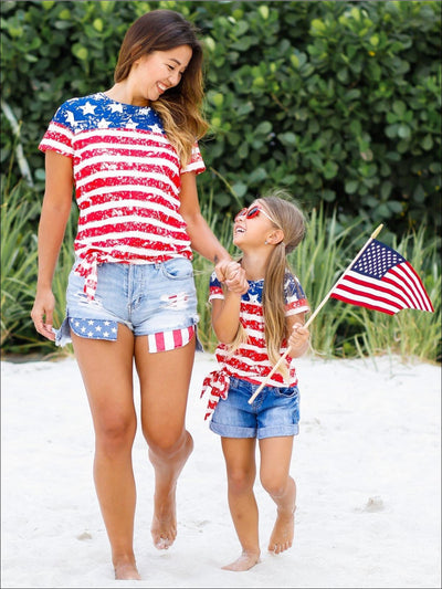Mommy & Me | Matching Tops | 4th of July American Flag Knot Hem Top