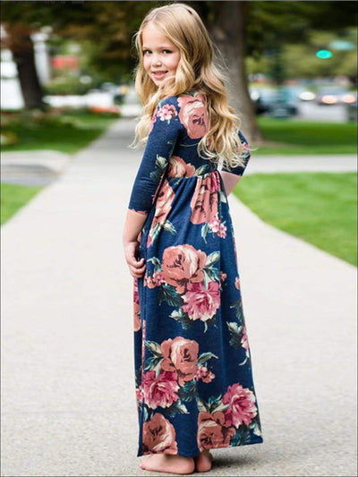 Mommy & Me Blue Long Sleeve Fall Floral Print Maxi Dress - Fall Mommy & Me