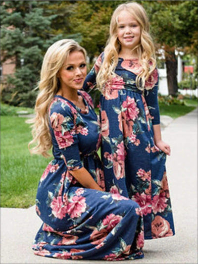 Mommy & Me Blue Long Sleeve Fall Floral Print Maxi Dress - Fall Mommy & Me