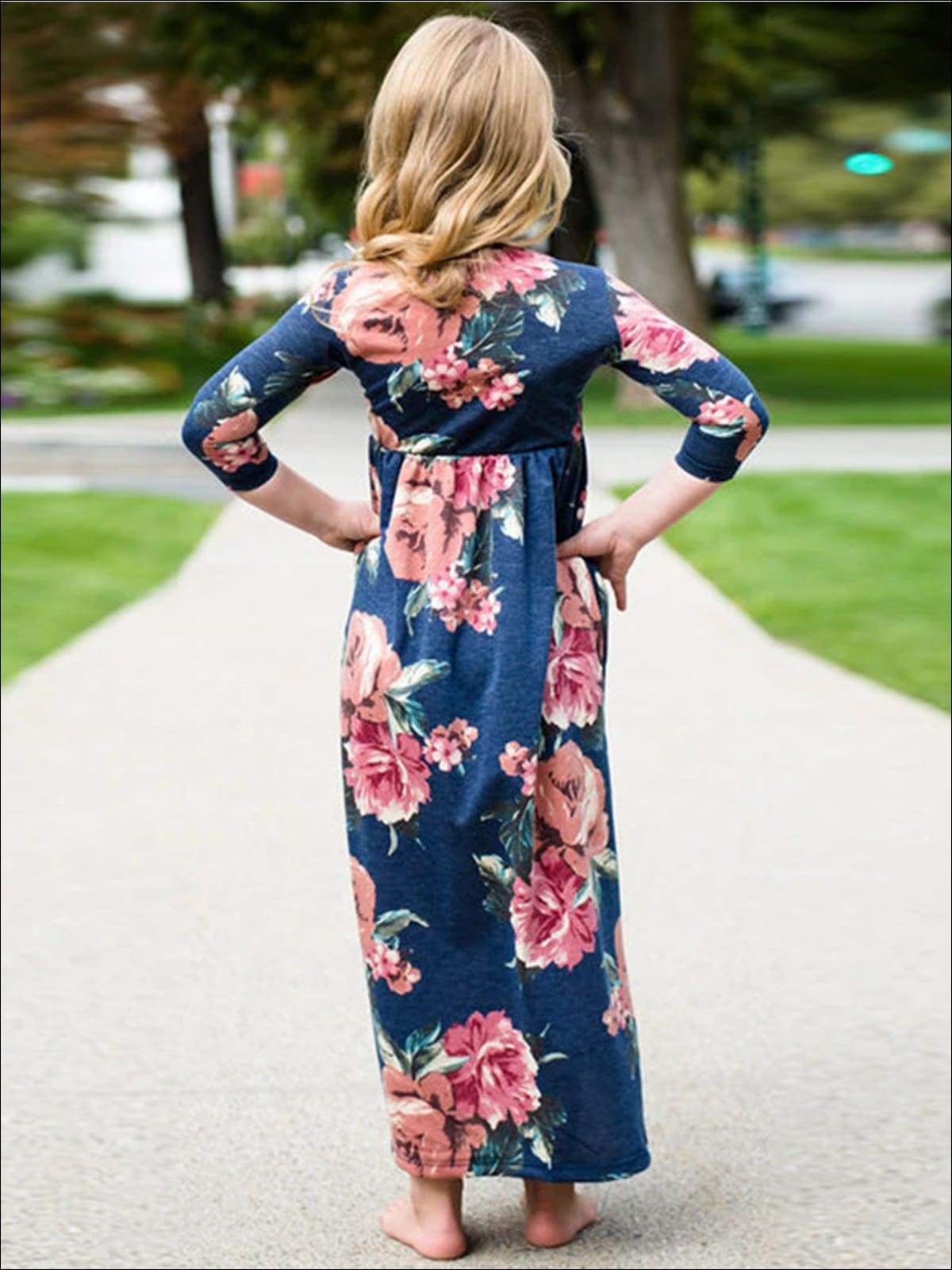 Mommy & Me Blue Long Sleeve Fall Floral Print Maxi Dress - Fall Mommy & Me