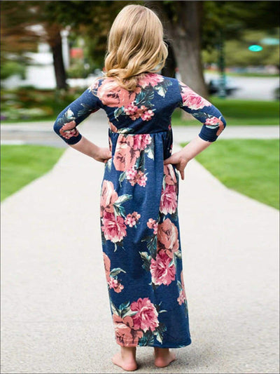 Mommy & Me Blue Long Sleeve Fall Floral Print Maxi Dress - Fall Mommy & Me