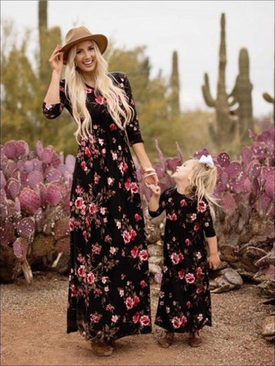 Mommy & Me Matching Fall Long Sleeve Floral Print Maxi Dress