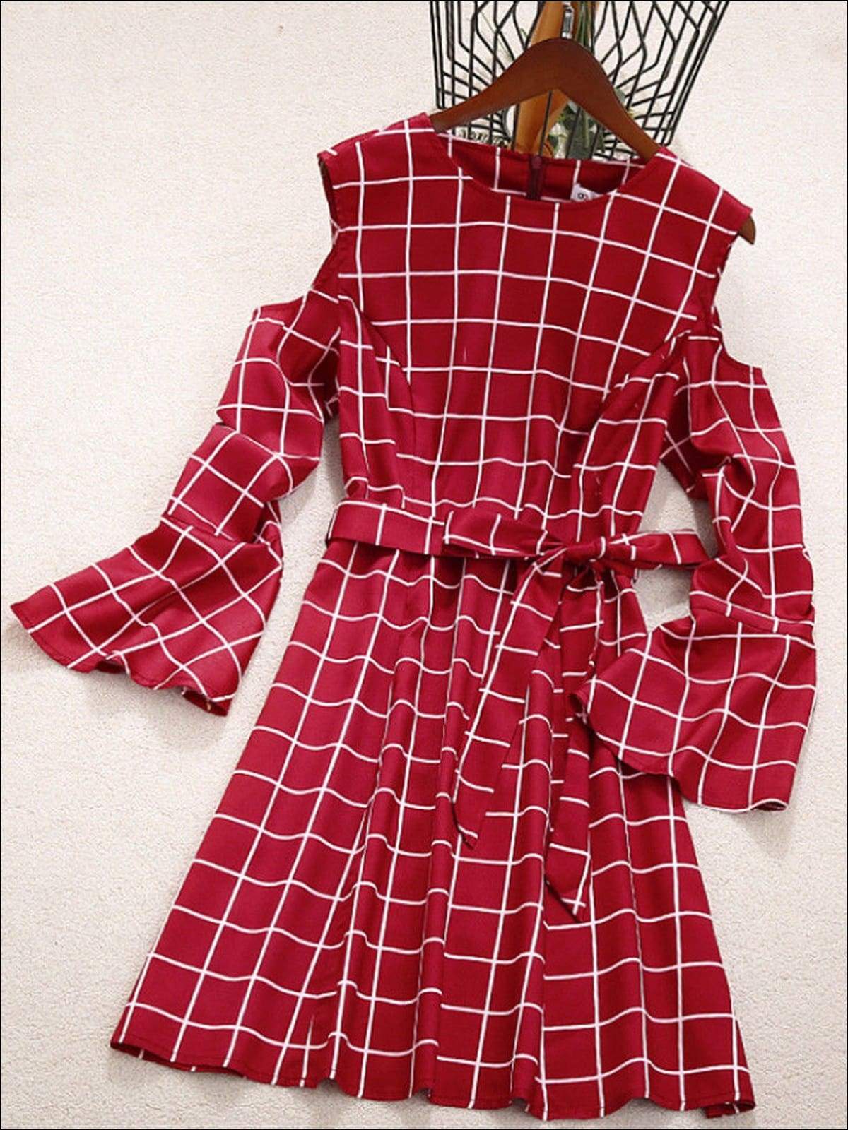Mommy and Me Matching Dresses | Plaid Cold Shoulder Bell Sleeve Dress 