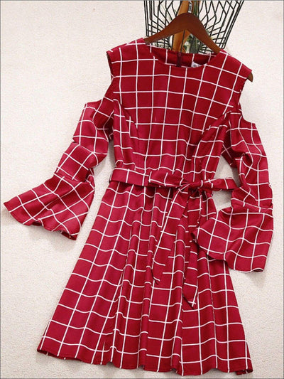 Mommy and Me Matching Dresses | Plaid Cold Shoulder Bell Sleeve Dress 