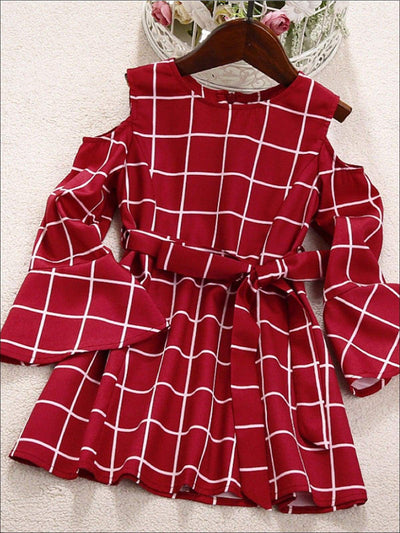 Mommy and Me Matching Dresses | Plaid Cold Shoulder Bell Sleeve Dress 