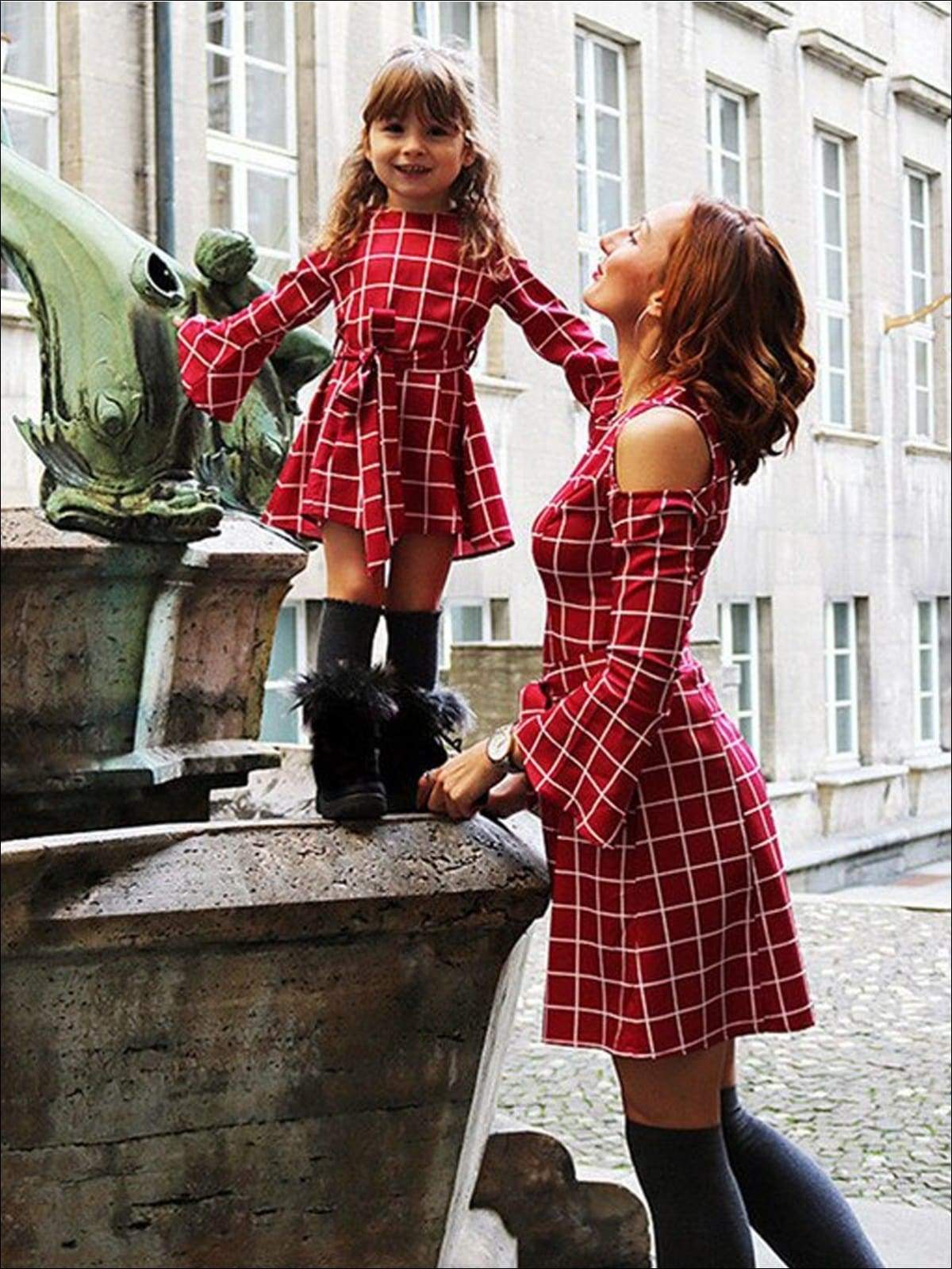 Mommy and Me Matching Dresses | Plaid Cold Shoulder Bell Sleeve Dress 