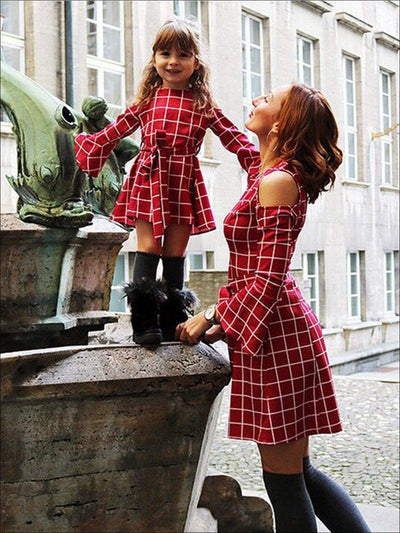 Mommy and Me Matching Dresses | Plaid Cold Shoulder Bell Sleeve Dress 