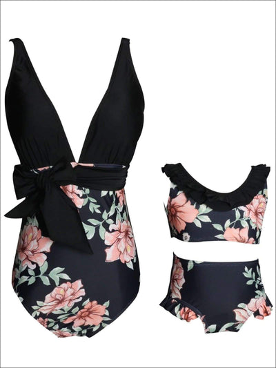 Mommy & Me Resort Swimwear | Matching Black Floral Print Swimsuits