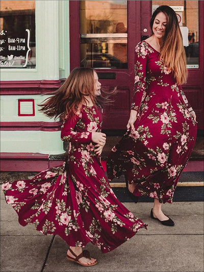 Mommy & Me Red Fall Floral Long Sleeve Maxi Dress - Fall Mommy & Me