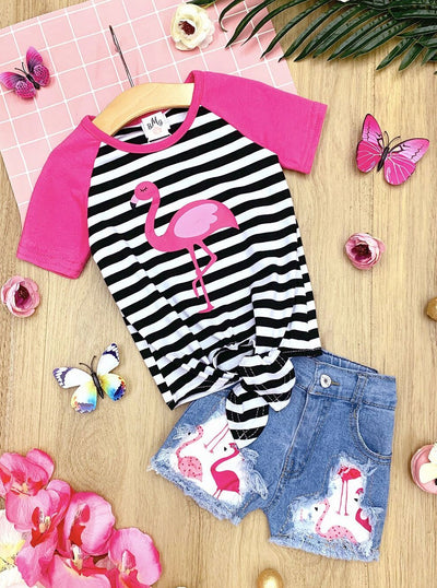 Girls Spring Outfits | Stripe Flamingo Top & Patched Denim Shorts Set