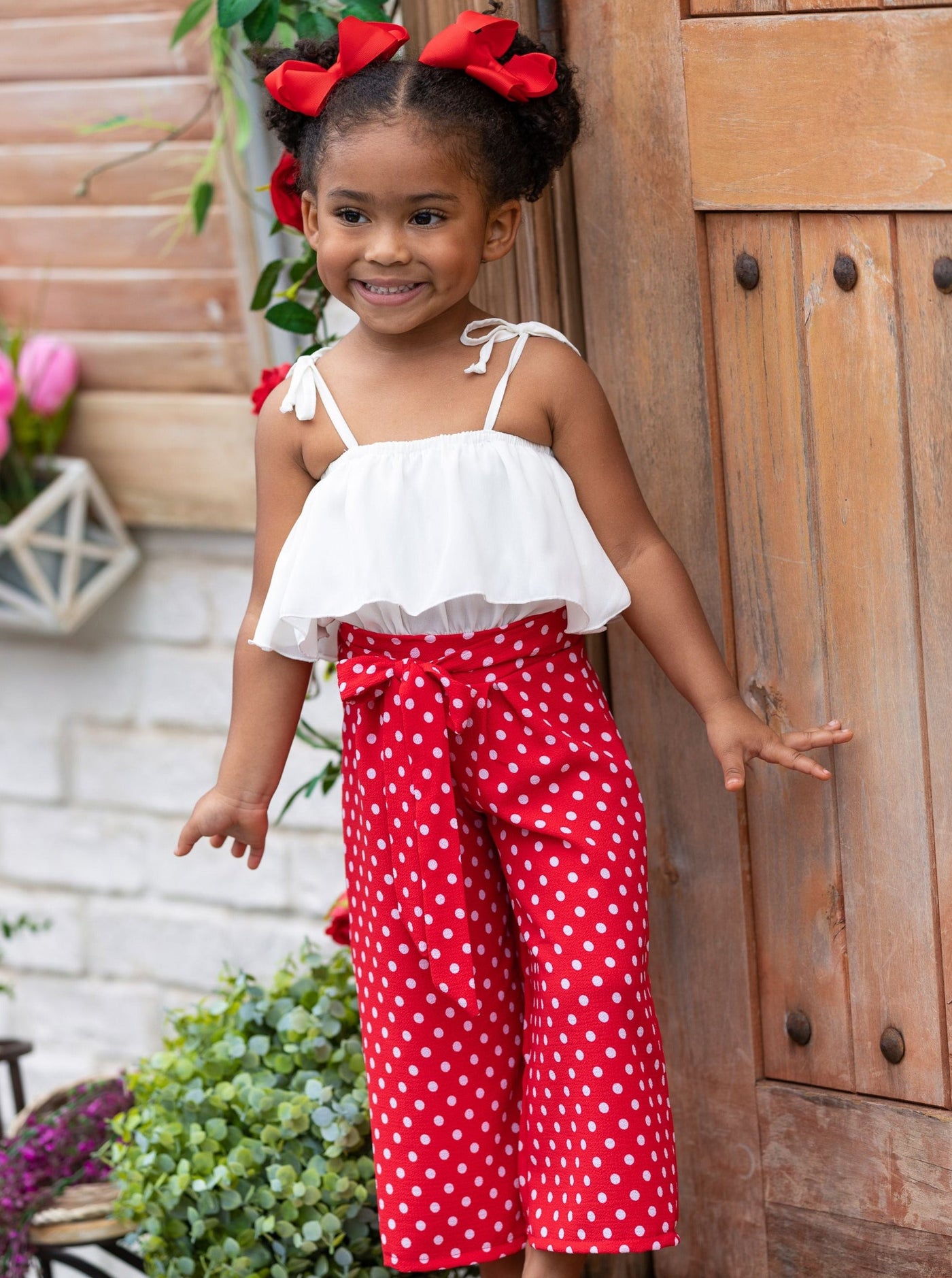 Toddler Spring Outfits | Girls Ruffle Crop Top & Polka Dot Pants Set 
