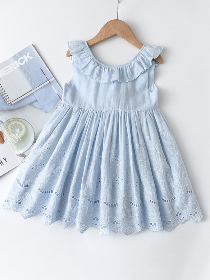 Girls Casual Spring Dresses | Sleeveless Blue Ruffle Eyelet Dress
