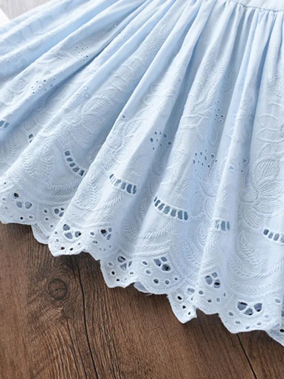 Girls Casual Spring Dresses | Sleeveless Blue Ruffle Eyelet Dress