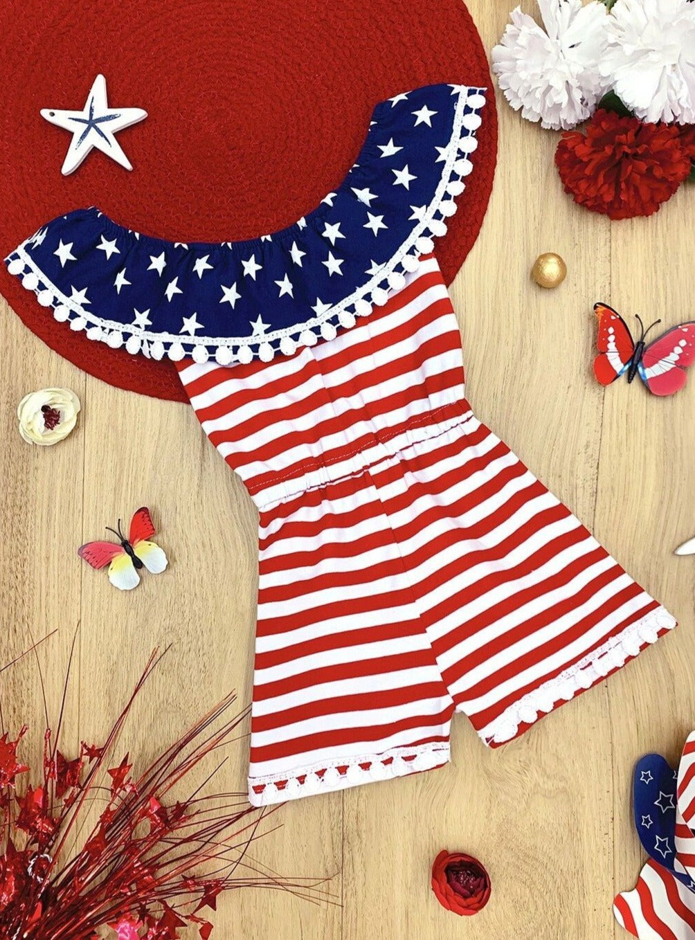 Girls 4th of July Outfit | American Flag Print Pom Pom Trim Romper 