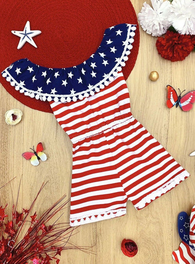 Girls 4th of July Outfit | American Flag Print Pom Pom Trim Romper 