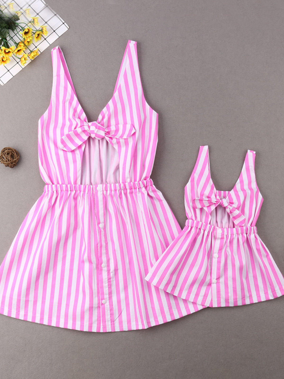 Mommy and Me Pink Striped Bow Dress