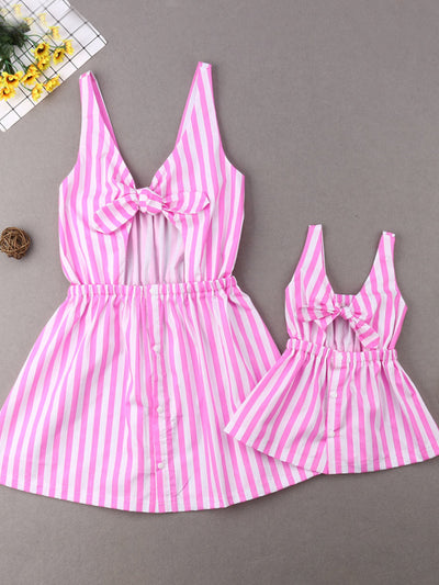 Mommy and Me Pink Striped Bow Dress