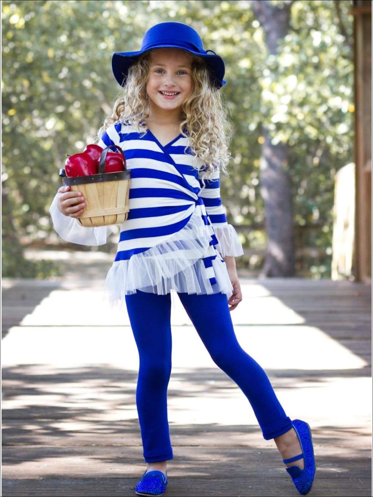 Royal Stripe Ruffled Wrap Tunic and Leggings Set - Girls Fall Casual Set